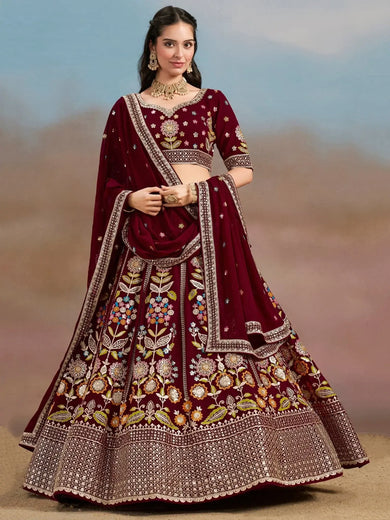 Phenomenal Maroon Sequins Georgette Reception Wear Lehenga Choli - Ethnic Plus In